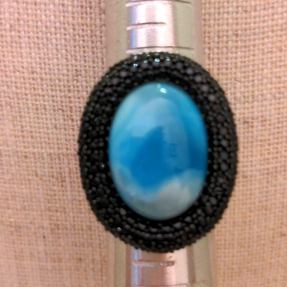 Larimar & Black Spinel Sterling Silver Cocktail Ring. New.Sz 7  1/2 Genuine